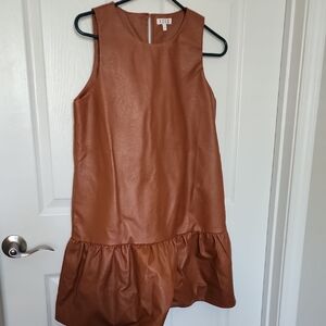 Brown Ruffle Hem Faux Leather Dress